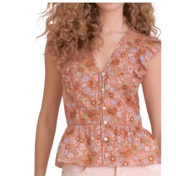 VERONICA BEARD Araya Top Coral Floral Ruffle Button Front Eyelet Detail Blouse 2 - Picture 1 of 10